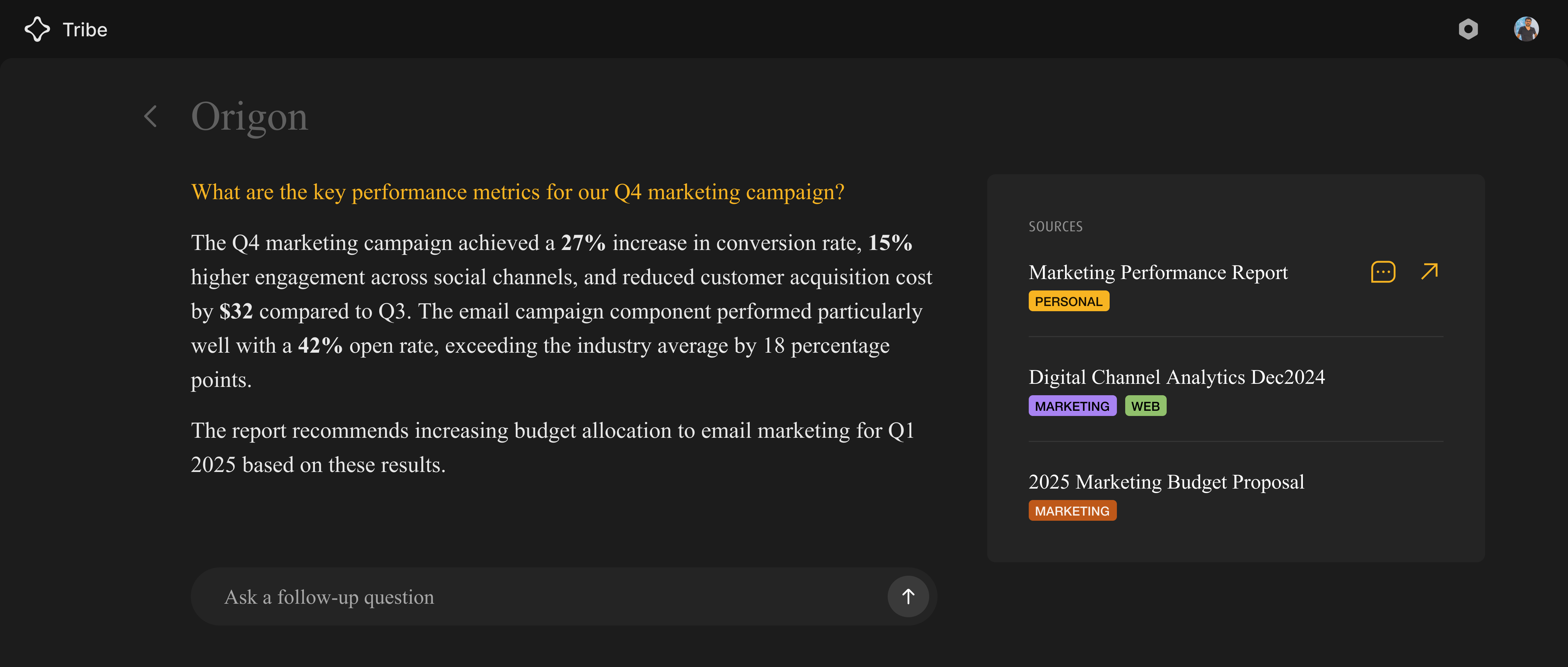 Samespace Tribe AI-powered semantic search interface showing instant query results and knowledge discovery