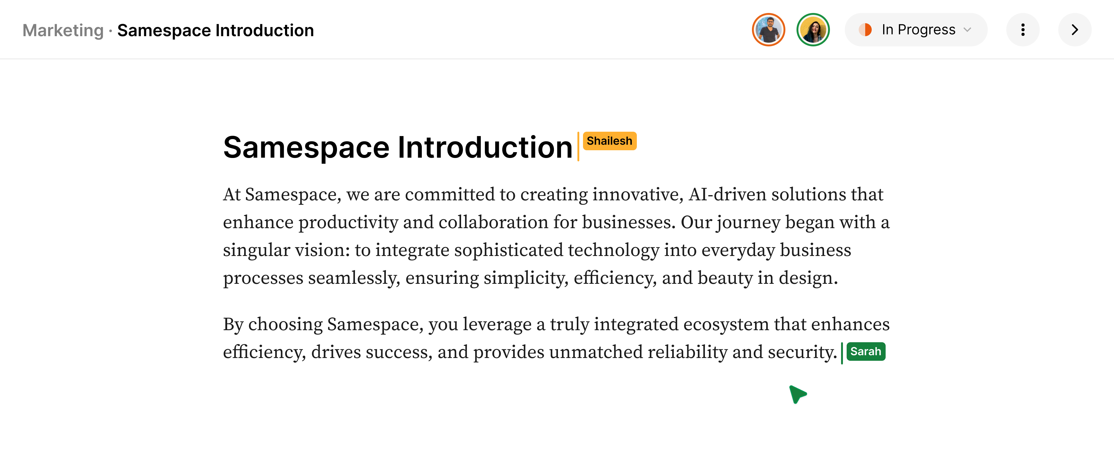 Samespace Tribe collaborative document editor with real-time editing, commenting, and version control features