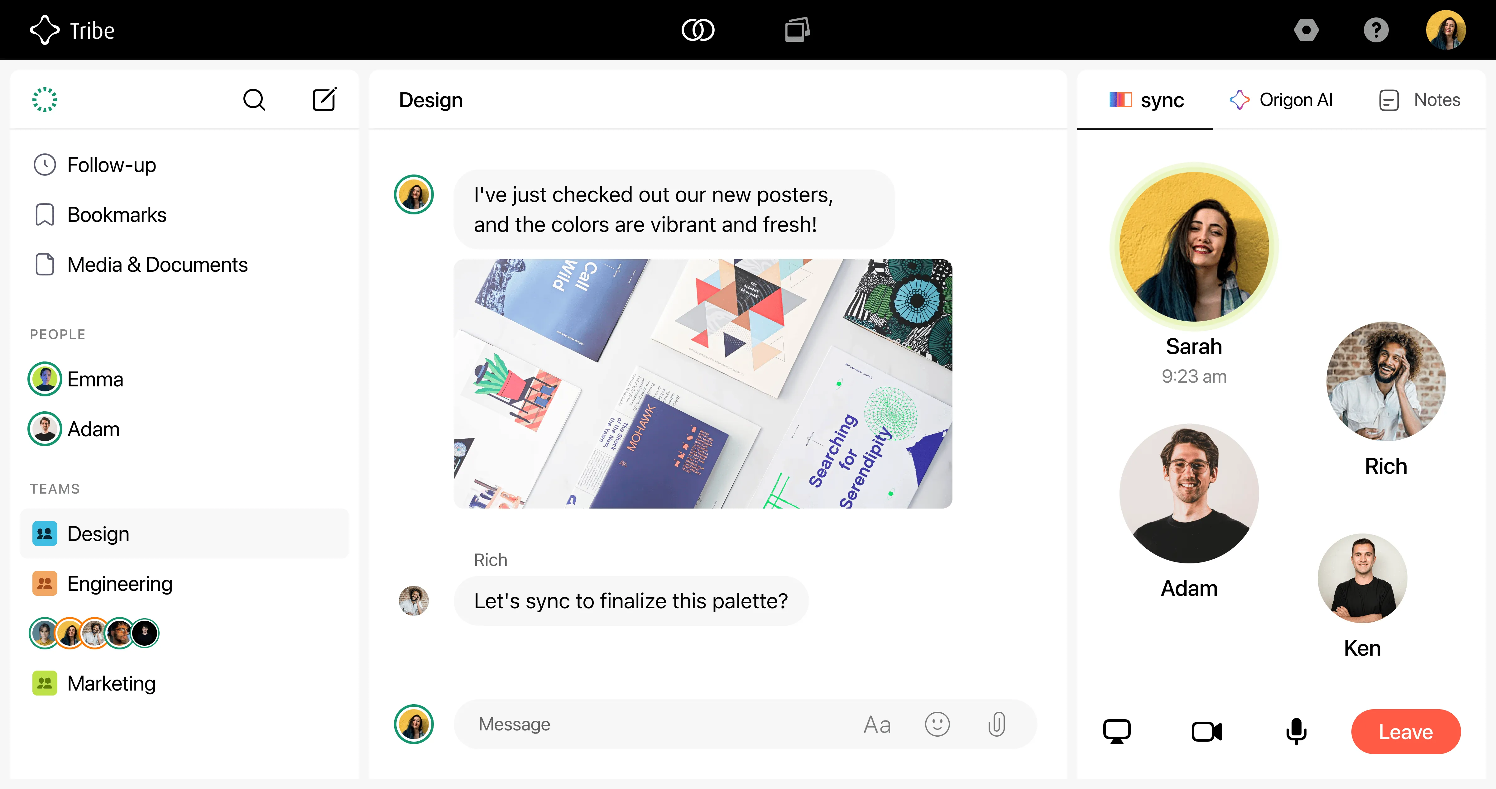 Interactive team call on Tribe's platform with profile images of participating team members around the screen, while the central chat features Rich's message about coordinating on design choices for new vibrant posters.