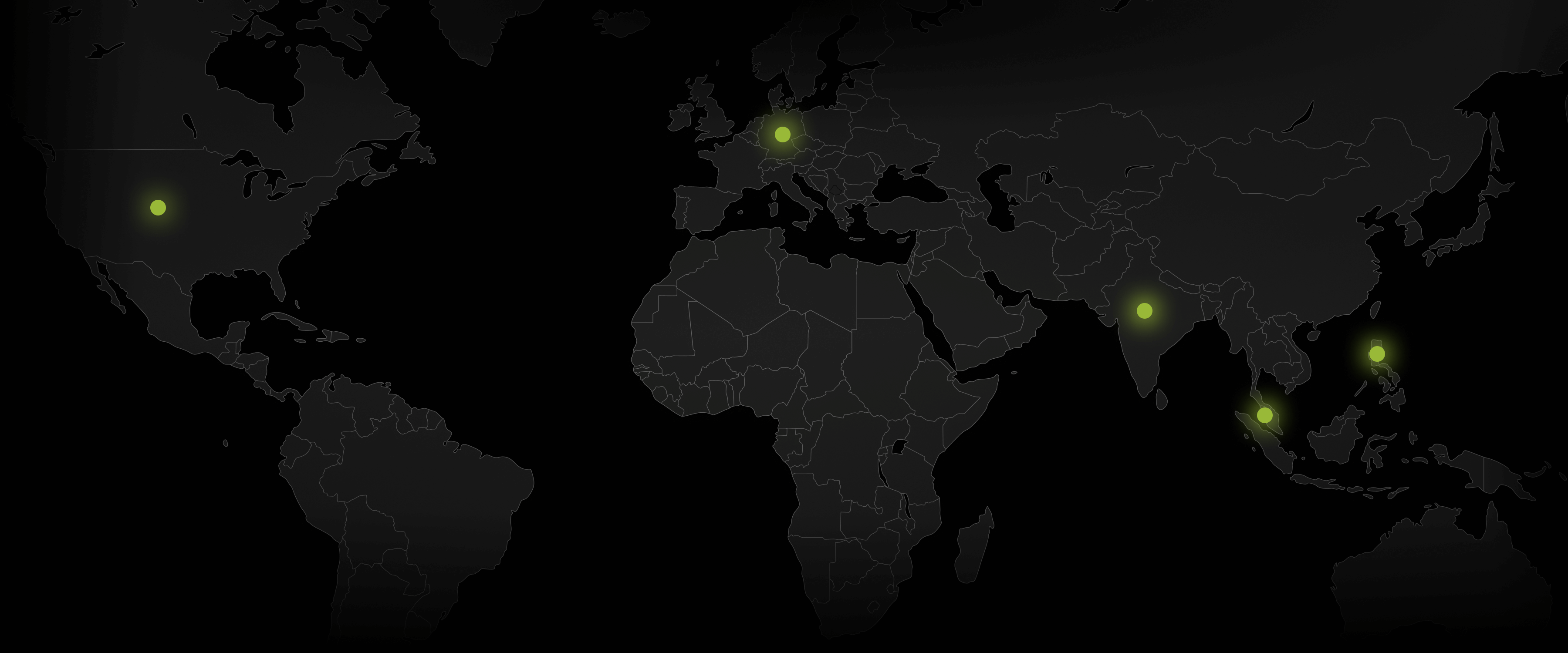 Global map displaying the distribution of Samespace's data centers, represented by bright blue circles against a dark background, symbolizing the company's international infrastructure footprint.