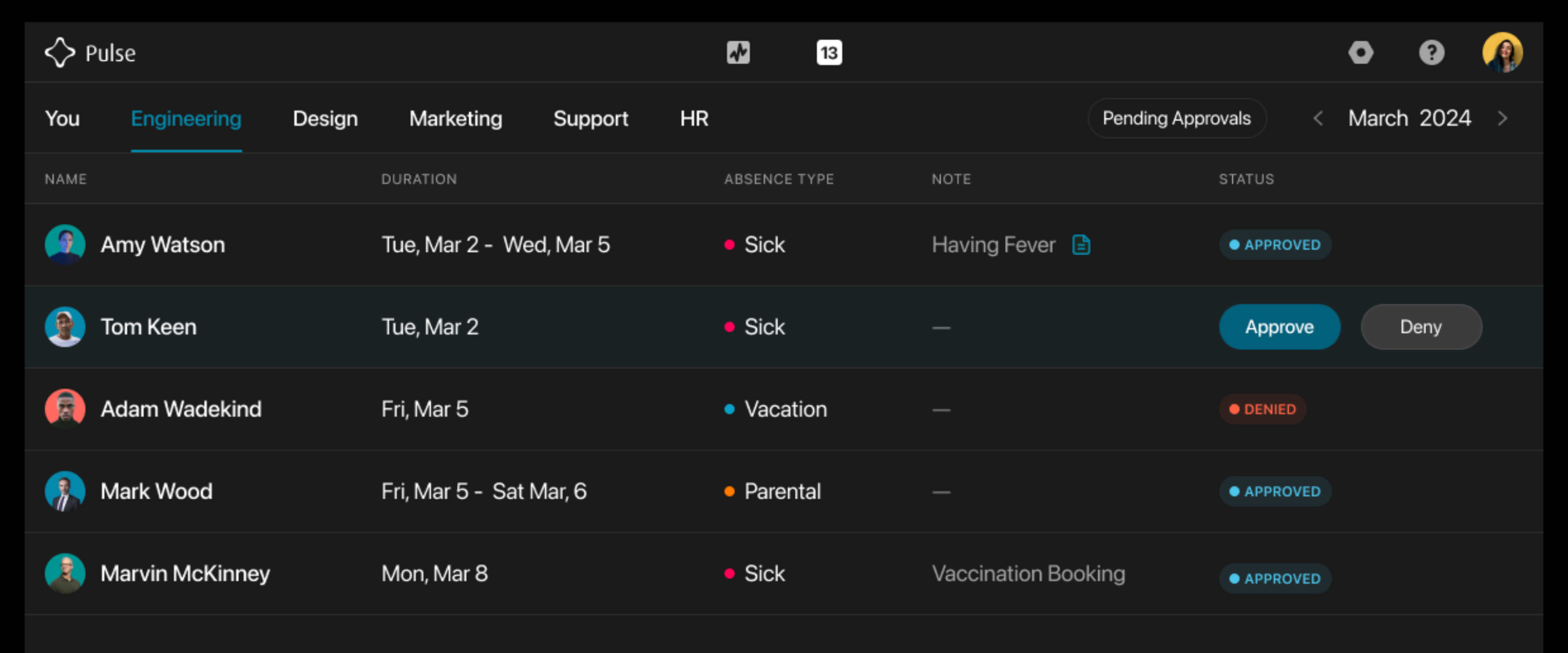 Pulse’s leave management dashboard displaying a list of leave requests from the Engineering team, with details such as name, duration, type of leave, and notes. Tom Keen’s request is awaiting approval, with options to 'Approve' or 'Deny'.
