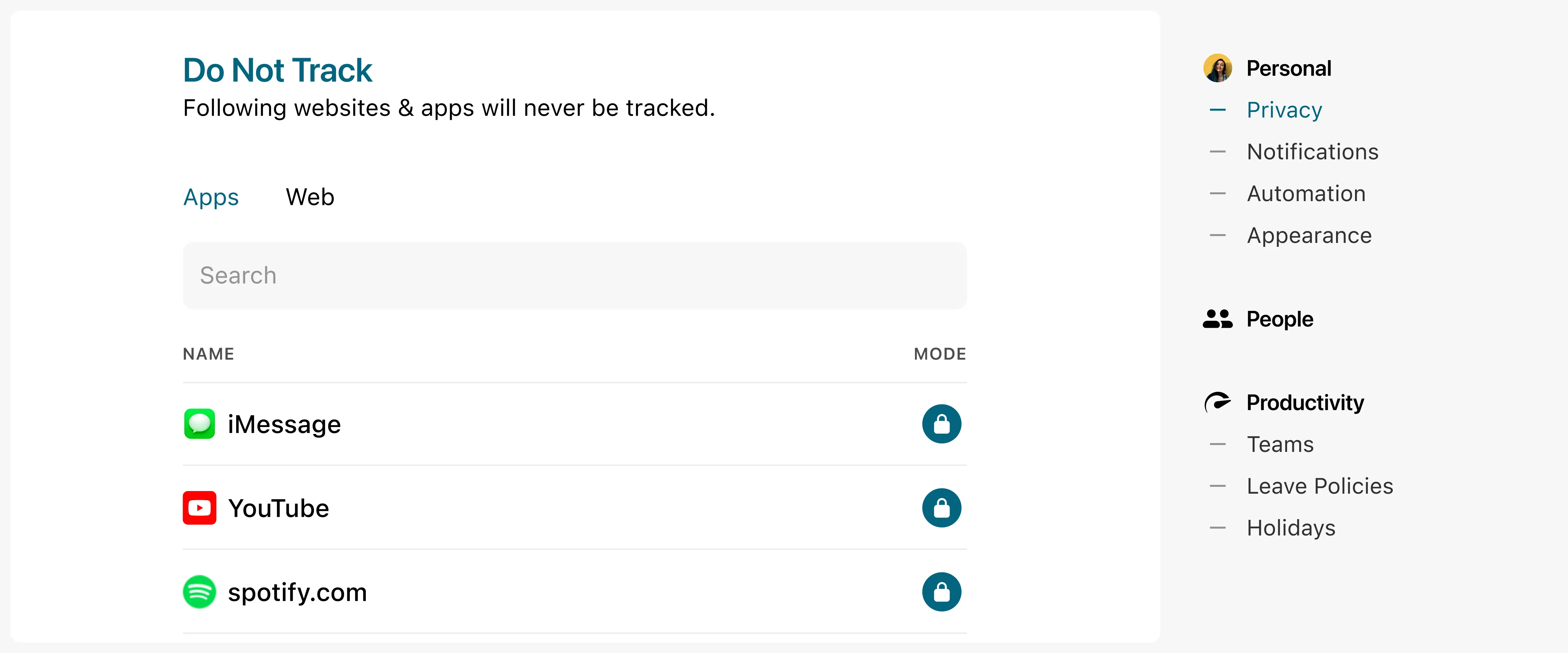 Privacy configuration panel within Pulse's settings displaying 'Do Not Track' options, where users can specify which apps and websites should not be tracked, including iMessage, YouTube, and Spotify, each with a lock icon indicating privacy mode is enabled.