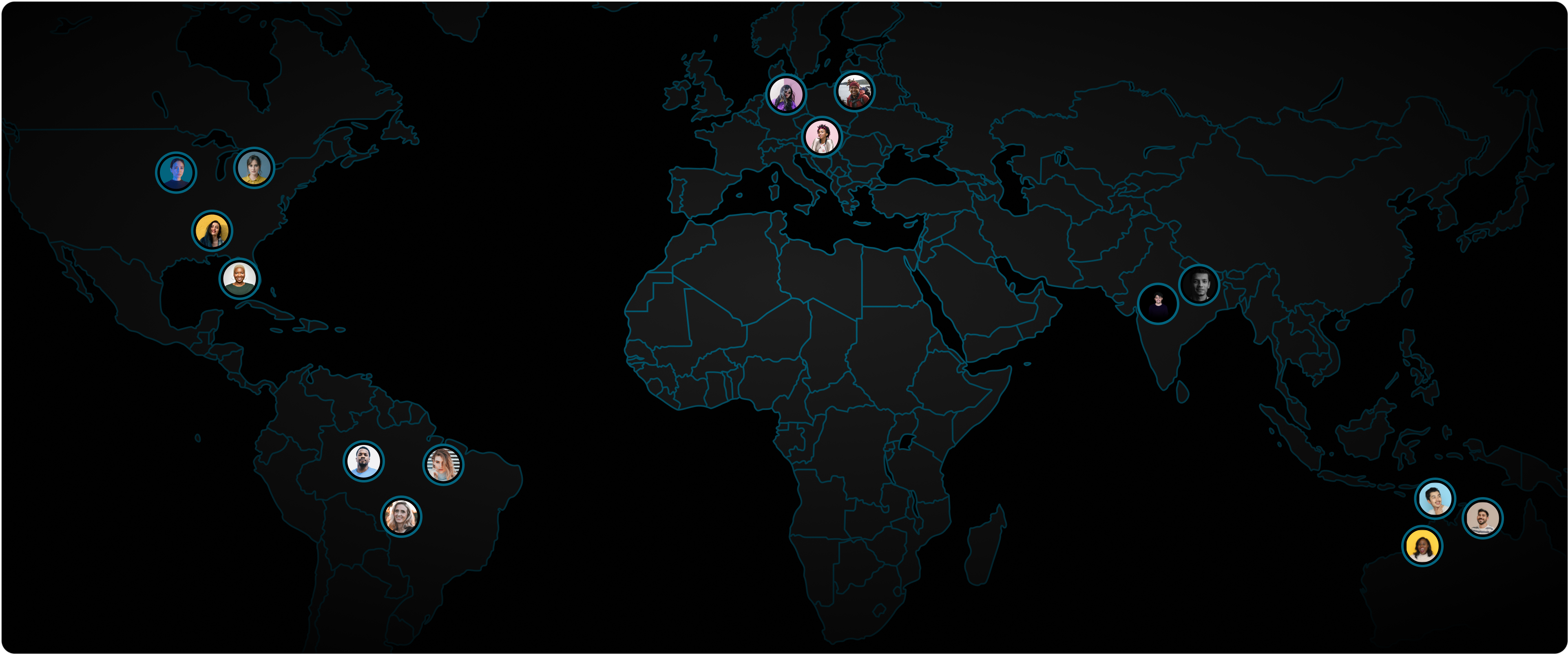 World map highlighting the geographic locations of team members in a global distribution, indicated by profile icons, representing the diverse and international nature of the team.
