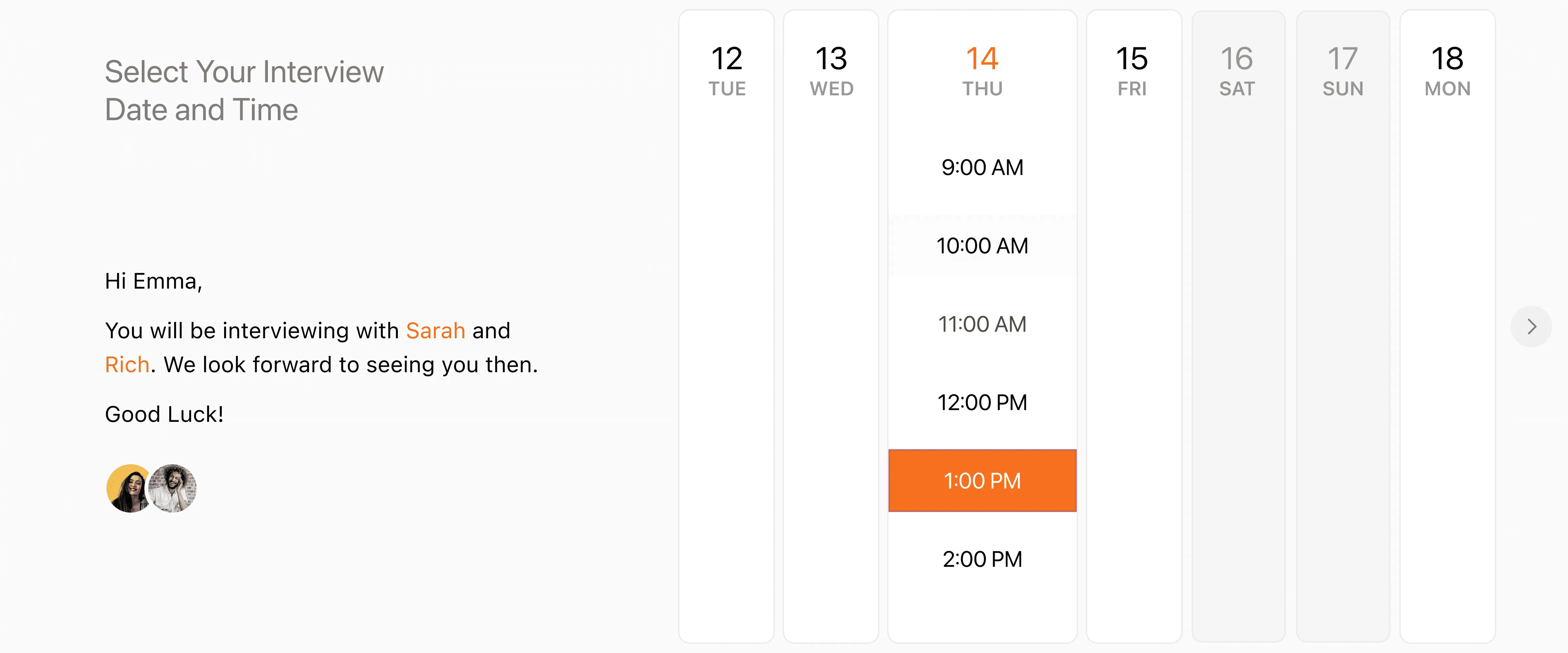 Applicant's view of Circle's interview scheduler featuring a message to Emma about her upcoming interview, images of her interviewers, and an interactive calendar where she can select from available times, with the 1:00 PM slot on Thursday emphasized.