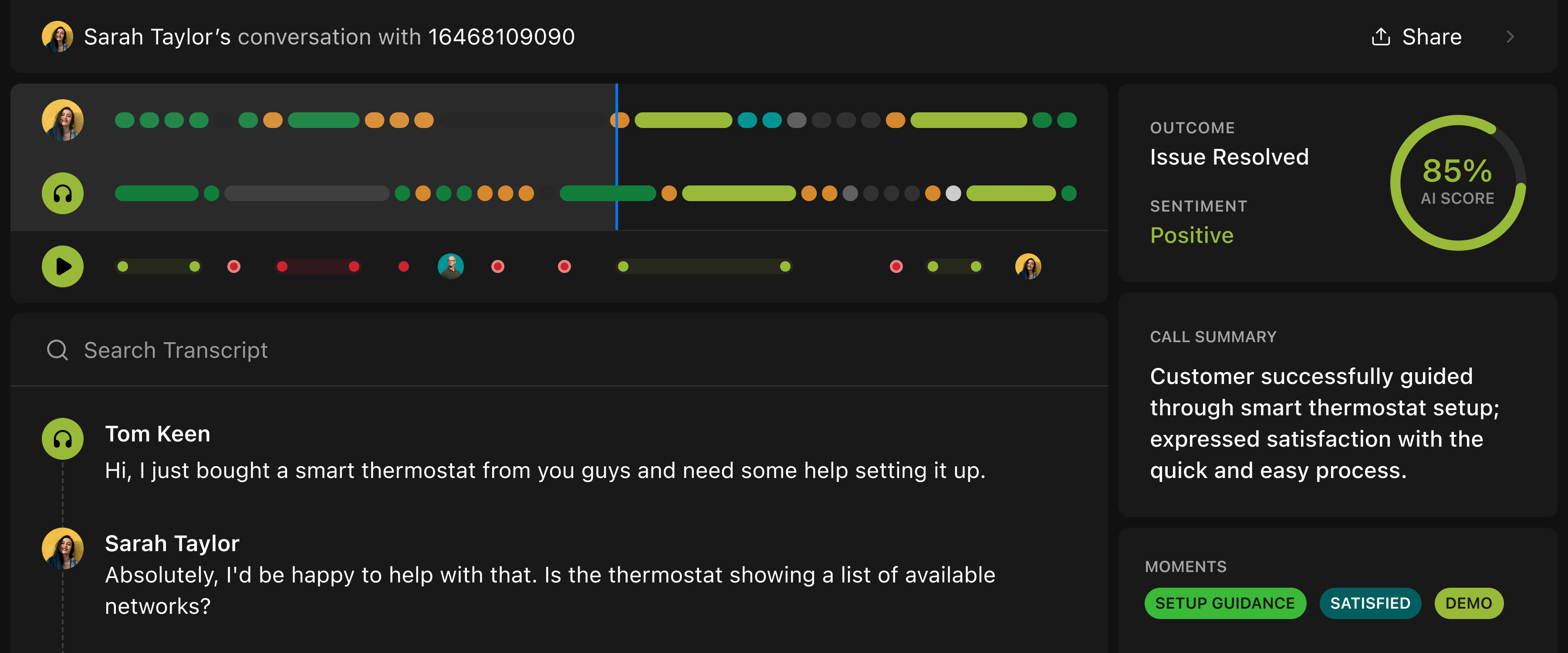 Wave's AI-driven conversation interface, showing a detailed analytics breakdown of a customer support call, where the left portion highlights the conversation transcript and the right portion summarizes the outcome, sentiment, and key moments.