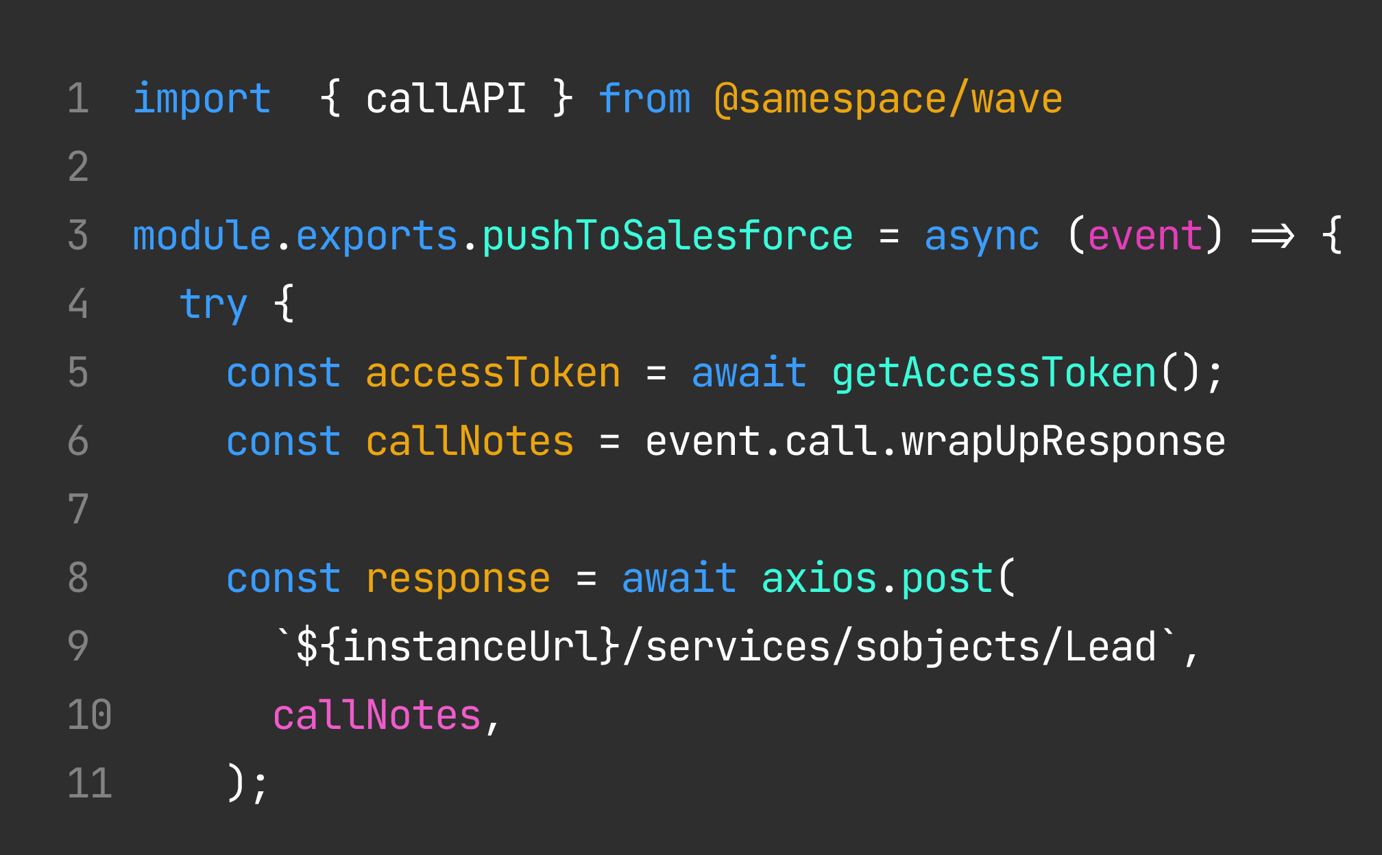 Developer tools serverless function code snippet in Samespace