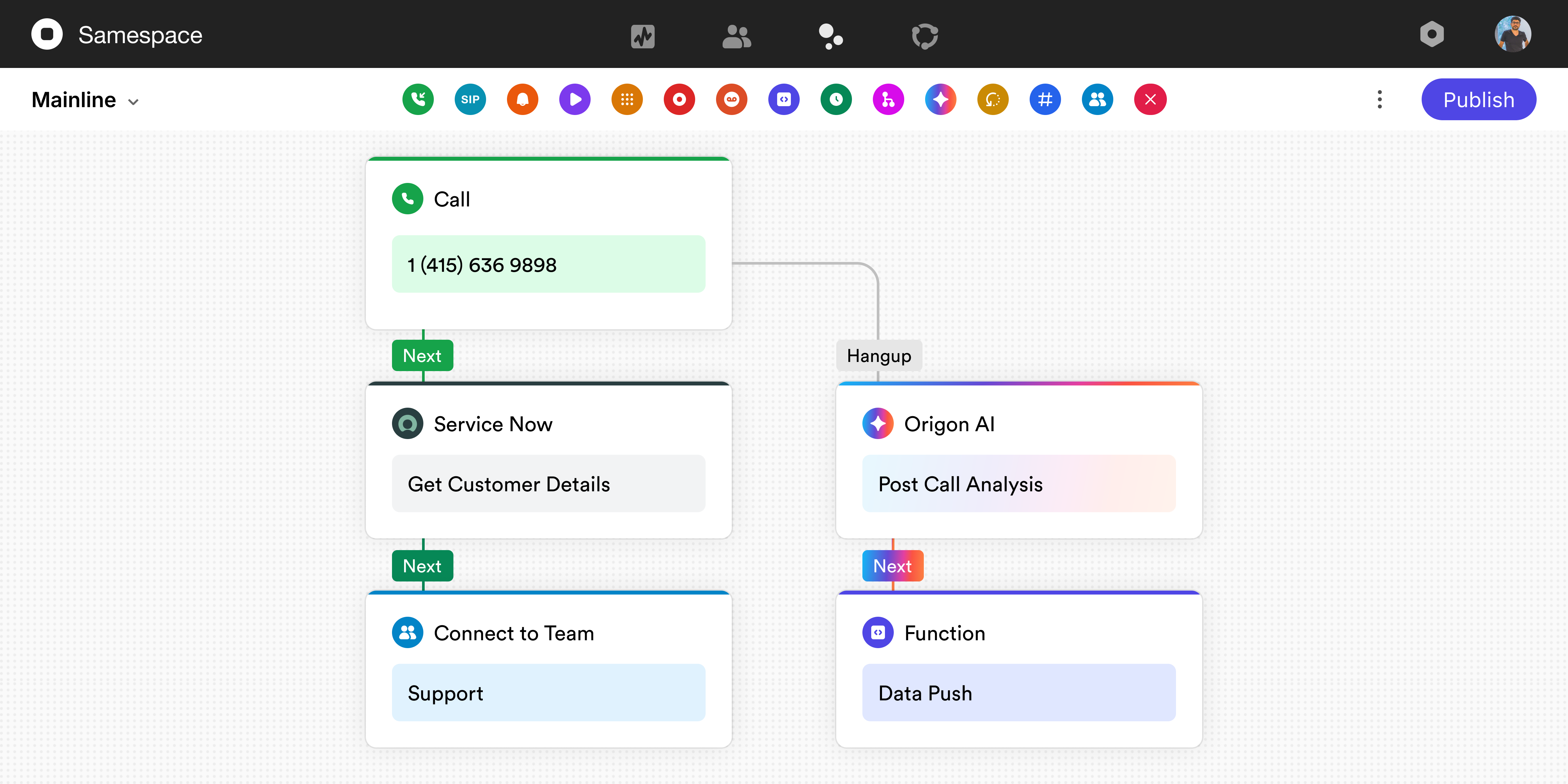 Samespace Workflow Studio drag-and-drop builder interface